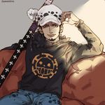  1boy hat jolly_roger male_focus nodachi one_piece sitting solo trafalgar_law 