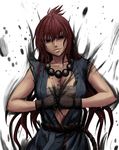  beads breasts cleavage crimson_comics dougi genderswap gloves gouki long_hair looking_at_viewer red-hair red_hair rope sarashi solo street-fighter street_fighter torn_clothes 
