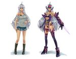  1girl armor bare_legs bare_shoulders blue_eyes breasts casual cleavage dark_skin female full_body long_hair looking_at_viewer short_shorts smile solo standing t-elos underboob weapon white_hair xeno_(series) xenosaga 