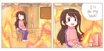  2koma bad_id bad_tumblr_id blush_stickers candle chair comic commentary english fire folding_chair friedbun gunshow_(comic) idolmaster idolmaster_cinderella_girls jacket meme pants parody shimamura_uzuki sitting smile smoke speech_bubble television this_is_fine track_suit 