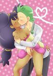  1boy 1girl belt breast_grab collarbone dark_skin dent_(pokemon) dress eyes_closed grabbing green_hair groping heart iris_(pokemon) kijouyu kiss penis pokemon pokemon_(anime) pokemon_(game) pokemon_bw purple_hair pussy pussy_juice sex small_breasts two_side_up vaginal very_long_hair 