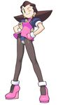  1girl brown_hair earrings gloves green_eyes hairband hands_on_hips jewelry long_legs looking_at_viewer official_art one_eye_closed pantyhose tron_bonne wink 