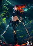  1girl boots breasts cleavage dagger dual_wielding green_eyes katarina_du_couteau kevin_glint league_of_legends midriff navel red_hair scar solo stomach sword thigh_holster thong weapon 