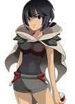  black_hair cape cloak clothed_navel grin higana_(pokemon) highres kijouyu poke_ball pokemon pokemon_(game) pokemon_oras red_eyes short_hair short_shorts simple_background smile 