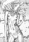  1girl artist_request monochrome monster monster_girl nude spine standing tentacle uncensored zombie 