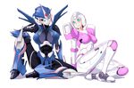  2girls arcee blue_eyes blush breasts dual_persona kamitsuki_manmaru multiple_girls robot simple_background sitting smile transformers transformers_prime 