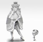  blush crown dress earrings frilled_dress frills gloves hairy_legs high_heels highres jewelry legs mario_(series) monochrome nintendo open_mouth panties princess_peach simple_background smile standing super_mario_bros. surprised toad toad_(mario) underwear why 