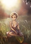  1girl aro_(charged_time_out) bangs blonde_hair breasts cleavage collarbone dress field grass lens_flare short_hair sitting small_breasts smile solo sundress swept_bangs yellow_eyes yokozuwari 