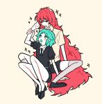  2others androgynous aqua_eyes aqua_hair crystal_hair eyebrows_visible_through_hair full_body gem_uniform_(houseki_no_kuni) hand_in_another&#039;s_hair houseki_no_kuni long_hair looking_at_another multiple_others necktie open_mouth padparadscha_(houseki_no_kuni) phosphophyllite red_eyes red_hair short_hair simple_background sitting sparkle thighhighs very_long_hair wavy_hair 