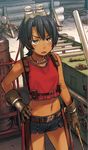  1girl black_hair blush dark_skin gloves goggles green_eyes mayta_(suisei_no_gargantia) mechanic midriff naruko_hanaharu navel shorts suisei_no_gargantia tank_top tomboy 