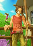  2boys brothers freckles leaning monkey_d_luffy multiple_boys one_piece portgas_d_ace siblings smile tank_top 