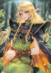  1girl armor blonde_hair cape circlet deedlit elf green_eyes highres long_hair looking_at_viewer magion02 own_hands_together pointy_ears record_of_lodoss_war shoulder_armor smile solo sword weapon 