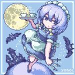  1girl apron artist_name bat_(animal) between_fingers blue_background bow braid building closed_mouth commentary cup full_moon grey_hair hair_bow holding holding_knife holding_plate izayoi_sakuya knife knives_between_fingers leg_up long_hair looking_at_viewer maid maid_apron maid_headdress moon pixel_art plate short_sleeves skirt solo teacup touhou twin_braids waist_apron yellow_bow yonoisan 