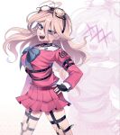  1girl :d antenna_hair barbed_wire black_choker black_gloves blonde_hair bow bowtie choker danganronpa_(series) danganronpa_v3:_killing_harmony fingerless_gloves gloves goggles goggles_on_head green_bow green_bowtie hand_on_own_hip highres iruma_miu long_hair lv_k1b0 miniskirt o-ring pink_shirt pink_skirt shirt skirt smile teeth zoom_layer 