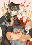  2boys apron arknights artist_request black_coat black_headwear cake coat colored_tips commentary_request commission dragon_boy dragon_ears fins fish_tail food furry furry_male gloves grey_apron hand_on_another&#039;s_shoulder hand_on_another&#039;s_stomach happy_birthday holding holding_cake holding_food horns hung_(arknights) komainu_boy komainu_ears komainu_tail lee_(arknights) looking_at_viewer male_focus mittens multicolored_hair multiple_boys one_eye_closed orange_mittens oven_mitts round_eyewear single_horn sokimi_(sosojovan) star_(symbol) tail yellow_gloves 