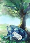  absurdres blue_eyes blue_fur blue_sky closed_eyes closed_mouth dappled_sunlight fate/grand_order fate_(series) full_body grass green_background harukazu highres lobo_(fate) lying lying_on_animal lying_on_another no_humans on_stomach outdoors plant sky solo sunlight tree white_fur wolf 
