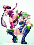 animal_humanoid big_breasts blue_boots blue_clothing blue_footwear blue_leotard boots breast_grab breasts callie_(splatoon) camel_toe cephalopod cephalopod_humanoid cleavage clothed clothing dancing duo ear_piercing eyelashes facial_markings female footwear gloves gm_laz green_clothing green_legwear green_thigh_highs hair hand_on_breast handwear head_markings hi_res humanoid humanoid_pointy_ears inkling knee_boots knee_highs legwear leotard long_hair looking_at_viewer marie_(splatoon) marine marine_humanoid markings mask_(marking) mollusk mollusk_humanoid navel_outline nintendo piercing pink_clothing pink_legwear pink_thigh_highs pole pole_dancing pseudo_hair pupils purple_boots purple_clothing purple_footwear purple_hair purple_leotard simple_background smile splatoon spread_legs spreading squid_humanoid tan_body tan_skin tentacle_hair tentacles thick_thighs thigh_highs unusual_pupils white_background white_clothing white_gloves white_hair white_handwear wide_hips yellow_eyes