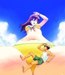  1boy 1girl arm_support between_legs bikini blue_eyes character_request copyright_request from_below giantess leaning_back long_hair miniboy navel one_eye_closed open_mouth purple_hair size_difference sky swimsuit tagme teston upper_body yellow_bikini yellow_swimsuit 