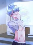  1boy black_pants blue_eyes blue_hair blush covering_mouth curtains guilty_challenge_(meme) hand_over_own_mouth hand_under_clothes highres male_focus meme midriff navel original pants rabbitjanthra short_hair solo stomach window 