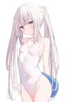  1girl absurdres arms_behind_back bare_arms bare_shoulders blush breasts closed_mouth collarbone commentary_request groin highres kickboard long_hair looking_at_viewer memekko one-piece_swimsuit original purple_eyes sidelocks simple_background small_breasts solo swimsuit twintails very_long_hair white_background white_hair white_one-piece_swimsuit 