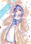  1girl :d animal_ear_hood animal_ears ascot blue_ascot blue_hair blunt_bangs blush bow brown_cardigan brown_eyes cardigan choker claw_pose commentary_request confetti cowboy_shot dress eyelashes hands_up highres hololive hood hood_up hooded_cardigan long_hair long_sleeves looking_at_viewer open_cardigan open_clothes open_mouth rabbit-shaped_pupils rabbit_ears sailor_collar sailor_dress sidelocks simple_background smile solo standing symbol-shaped_pupils tomo_wakui usada_pekora virtual_youtuber white_background white_bow white_choker white_dress white_sailor_collar 