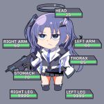  1girl :&lt; black_gloves black_jacket black_skirt blue_archive chibi english_text full_body gloves gun halo health_bar highres holding holding_gun holding_weapon jacket long_hair looking_ahead pleated_skirt purple_hair simple_background skirt solo tosyukuudoge two_side_up very_long_hair weapon yuuka_(blue_archive) 