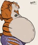 2023 anthro belly big_belly bottomwear clothed clothing disney felid fur half-closed_eyes hands_behind_head hi_res kaiipwilde_(artist) male mammal mouth_closed narrowed_eyes navel nipples obese obese_anthro obese_male overweight overweight_anthro overweight_male pantherine shorts side_view signature smile solo tiger tiger_dancer_(zootopia) topless topless_anthro topless_male whiskers zootopia