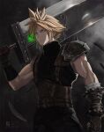  1boy adam_ryu_ford armor artist_name blonde_hair blue_eyes buster_sword closed_mouth cloud_strife commentary earrings final_fantasy final_fantasy_vii final_fantasy_vii_rebirth final_fantasy_vii_remake gloves holding holding_sword holding_weapon huge_weapon jewelry male_focus materia over_shoulder short_hair shoulder_armor single_bare_shoulder sleeveless sleeveless_turtleneck solo spiked_hair stud_earrings suspenders sweater sword toned toned_male turtleneck turtleneck_sweater weapon 