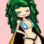  1girl amazon bikini_top boa_sandersonia green_hair hand_on_hip one_piece smile solo 