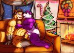 anthro bear body_hair candy candy_cane canid canine chest_hair chimney christmas christmas_tree chubby_male clothed clothing cuddling da dessert digital_media_(artwork) duo embrace food frothing fur genitals giant_panda hi_res holidays holly_(plant) hug kiss_on_lips male male/male mammal muscular muscular_male nude panfluff_(xpanda6) penis plant raccoon_dog red_panda_mirr size_difference slightly_chubby tanuki tree vanilla_(azuresun98) white_body white_fur