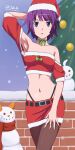  1girl absurdres alternate_costume araragi_koyomi arm_up armpit_crease armpits artist_name belt black_belt blue_eyes blunt_ends breasts brick_wall brown_pantyhose choker christmas_tree collarbone cowboy_shot fur-trimmed_shirt fur-trimmed_skirt fur_trim green_choker hand_on_own_thigh hat highleg highleg_panties highres impossible_clothes looking_at_viewer medium_breasts midriff miniskirt mistletoe monogatari_(series) navel nightstark off-shoulder_shirt off_shoulder panties pantyhose parted_lips purple_hair red_shirt red_skirt santa_costume santa_hat senjougahara_hitagi shirt short_hair skirt snow snowman solo twitter_username underwear 