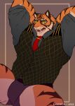 2023 anthro artist_name barazoku biceps briefs brown_body brown_fur brown_stripes bulge clothing digital_media_(artwork) epic_games eye_scar eyebrows facial_scar felid fortnite fur hands_behind_head hi_res looking_at_viewer male mammal muscular muscular_anthro muscular_male necktie open_mouth orange_body orange_fur oscar_(fortnite) pantherine pantsless pecs scar shibziroo shirt solo striped_body striped_fur stripes tan_body tan_fur teeth thick_thighs tiger tongue topwear underwear vest