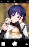  1boy absurdres blue_eyes blue_hair blurry blurry_background blurry_foreground blush character_doll cherry eyeshadow fake_phone_screenshot fake_screenshot food fruit genshin_impact hand_on_own_cheek hand_on_own_face head_on_hand head_rest highres holding holding_spoon ice_cream kaedehara_kazuha layered_sleeves light_particles long_sleeves looking_at_viewer lucio_(lucioooo38) makeup male_focus red_eyeshadow scaramouche_(genshin_impact) short_hair short_over_long_sleeves short_sleeves smile solo spoon sundae upper_body wafer_stick wanderer_(genshin_impact) 