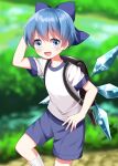  1girl backpack bag black_bag blue_bow blue_eyes blue_hair blue_shorts bow cirno commentary_request fairy gym_shirt hair_bow highres ice ice_wings kneeling outdoors ruu_(tksymkw) shirt short_hair short_sleeves shorts solo tomboy touhou very_short_hair white_shirt wings 