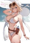  1girl bare_shoulders belt bikini blonde_hair blue_sky blush bottle breasts cleavage collarbone grey_eyes hat highres large_breasts looking_at_viewer navel original pouch short_hair sky smile solo speech_bubble sun_hat swimsuit thighs toridamono translation_request water_bottle white_bikini white_headwear 