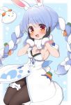  1girl animal_ear_fluff animal_ears blue_hair blush braid breasts carrot carrot_hair_ornament don-chan_(usada_pekora) food-themed_hair_ornament fur-trimmed_gloves fur_scarf fur_trim gloves hair_ornament highres hololive long_hair looking_at_viewer multicolored_hair open_mouth pekomon_(usada_pekora) rabbit_ears rabbit_girl ransusan red_eyes short_eyebrows small_breasts smile solo thick_eyebrows twin_braids twintails two-tone_hair usada_pekora usada_pekora_(1st_costume) virtual_youtuber white_hair 