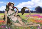 2023 accessory anthro biped blue_eyes blue_sky breasts brown_hair cloud countershade_face countershade_fur countershade_legs countershade_thighs countershade_torso countershading day digital_media_(artwork) eye_scar eyebrow_scar eyebrows eyelashes facial_scar felid female flower flower_in_hair fur grass hair hair_accessory hi_res hindpaw holding_flower holding_object holding_rose leaf lion long_hair mammal notched_ear novery nude outside pantherine paws plant rose_(flower) scar serbi shaded sky solo tail tail_tuft tan_body tan_fur tree tuft unsigned vines