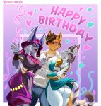 absurd_res anthro armor asuri_(brawlhalla) blue_clothing blue_eyes brawlhalla breasts butt byghosteduard clothed clothing eyes_closed felid feline female group happy_birthday hi_res looking_at_viewer male male/female mammal open_mouth pantherine purple_body purple_clothing purple_eyes ring sky smile tail text tiger trio