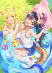  2girls ahoge animal_ears antenna_hair arms_up ball bare_shoulders barefoot beachball bikini black_hair blonde_hair blue_bikini blue_eyes blue_shorts blush breasts cat_ears cat_tail cleavage collarbone commentary day dog_ears dog_tail dot_nose fake_animal_ears fake_tail from_above ganaha_hibiki grass green_bikini green_eyes hair_bobbles hair_ornament holding hoshii_miki idolmaster idolmaster_(classic) idolmaster_million_live! idolmaster_million_live!_theater_days inflatable_dolphin inflatable_duck inflatable_octopus inflatable_toy inzup large_breasts leaning_forward long_hair looking_at_another looking_at_viewer looking_up medium_breasts multiple_girls one_eye_closed open_mouth outdoors ponytail shirt shorts sideboob sitting sleeveless sleeveless_shirt smile striped striped_bikini swimsuit symbol-only_commentary tail wading wading_pool wariza wet wet_clothes white_shirt 