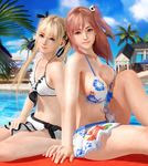  2girls 3d back-to-back bikini bikini_skirt blonde_hair breasts cleavage dead_or_alive dead_or_alive_xtreme highres honoka_(doa) large_breasts looking_at_viewer marie_rose multiple_girls navel official_art pink_hair side_ponytail sitting small_breasts smile stomach swimsuit twintails 