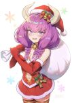  1girl aura_(sousou_no_frieren) bare_shoulders bell blush bow braid breasts christmas cleavage clothing_cutout crying crying_with_eyes_open demon_girl demon_horns dress elbow_gloves fur-trimmed_dress fur-trimmed_gloves fur-trimmed_headwear fur_trim gloves hair_bell hair_between_eyes hair_bow hair_ornament hat highres holding holding_sack horns long_hair looking_at_viewer low-braided_long_hair lower_teeth_only mistletoe mistletoe_hair_ornament multiple_braids navel navel_cutout neck_bell open_mouth purple_eyes purple_hair quad_braids red_dress red_gloves red_headwear red_thighhighs sack santa_dress santa_hat snow snowflakes solo sousou_no_frieren strapless strapless_dress suga_masashi tears teeth thighhighs thighs white_background 