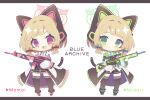  2girls :d :o animal_ear_headphones animal_ears black_thighhighs blonde_hair blue_archive blue_necktie bow cat_ear_headphones character_name chibi commentary copyright_name fake_animal_ears full_body game_development_department_(blue_archive) green_bow green_eyes green_halo gun hair_bow halo headphones highres holding holding_gun holding_weapon jacket komano_shia letterboxed midori_(blue_archive) momoi_(blue_archive) multicolored_clothes multicolored_jacket multiple_girls necktie open_mouth pink_bow pink_eyes pink_halo siblings simple_background sisters smile thighhighs twins weapon 