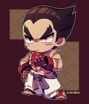  1boy barefoot belt black_eyes black_hair chibi closed_mouth fingerless_gloves frown full_body gloves kotorai male_focus mishima_kazuya pants purple_belt red_eyes red_gloves scar scar_on_arm scar_on_chest scar_on_face short_hair signature solo standing studded_gloves tekken v-shaped_eyebrows white_pants 