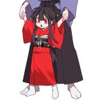  1girl aged_down black_hair child full_body hair_between_eyes japanese_clothes kimono lower_body oda_nobunaga_(fate) open_mouth red_eyes red_kimono sempon_(doppio_note) sidelocks simple_background sparkle white_background 