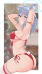  1girl absurdres armlet ass bikini blue_archive blue_eyes blurry blurry_background border breasts grey_hair halo highres large_breasts lens_flare mismatched_pupils mj_(xmj0309) parted_lips pom_pom_(clothes) red_bikini santa_bikini shiroko_(blue_archive) side-tie_bikini_bottom sideboob sitting solo swimsuit thighhighs white_border 