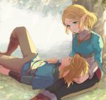  1boy 1girl black_pants blonde_hair braid brown_pants champion&#039;s_tunic_(zelda) crown_braid green_eyes hair_ornament hairclip lap_pillow light_brown_hair link lying on_back pants pointy_ears princess_zelda seri_(yuukasakura) short_hair smile sunlight the_legend_of_zelda the_legend_of_zelda:_tears_of_the_kingdom tree under_tree 