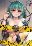 1girl blush breasts caution_tape commentary_request green_eyes green_hair green_nails heart heart-shaped_pupils highres komeiji_koishi large_areolae large_breasts long_sleeves looking_at_viewer lying nipples on_back paid_reward_available shirt solo symbol-shaped_pupils third_eye touhou variant_set yamataka yellow_shirt 
