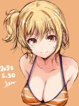  1girl bikini blonde_hair braid breasts cleavage closed_mouth collarbone commentary_request cropped_torso dated earrings gengoroh jewelry large_breasts looking_at_viewer love_live! love_live!_nijigasaki_high_school_idol_club medium_hair miyashita_ai one_side_up orange_background orange_bikini orange_eyes sidelocks simple_background smile solo swimsuit 