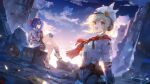  2girls arm_behind_back blonde_hair blue_gloves blue_hair boots cloud cloudy_sky colphne_(girls&#039;_frontline_2) finger_to_face girls&#039;_frontline girls&#039;_frontline_2:_exilium gloves hand_on_own_knee hand_on_own_leg hat_feather headphones medium_hair multiple_girls nagant_revolver_(girls&#039;_frontline) open_mouth orange_eyes red_eyes red_scarf ruins scarf sitting sky smile teeth twintails upper_teeth_only white_footwear white_headwear xuedaixun 