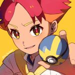  1boy crispin_(pokemon) highres holding holding_poke_ball looking_at_viewer multicolored_hair orange_hair poke_ball pokemon pokemon_sv quick_ball red_hair red_pupils shirt short_hair smile solo white_shirt yellow_background yellow_eyes yomogi_dango_(sbj_rocketlink) 